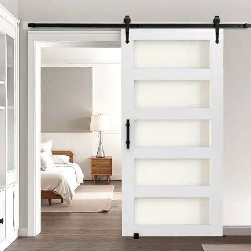 VEVOR schuifdeursysteem in schuurstijl (1067 x 2134 mm) gemaakt van zeer sterk MDF-paneel en matglas, schuurdeur met beslagset en waterdicht PVC-oppervlak en H-frame voor badkamers