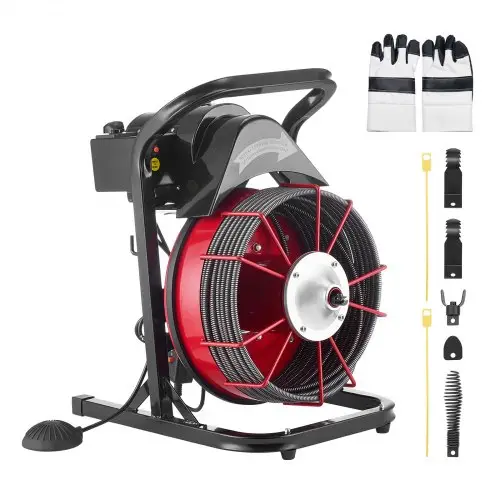 VEVOR pijpreinigingsmachine φ13 mm x 15 m, reinigingsspiraal met handmatige invoer, 4 snijbladen en pneumatische voetschakelaar, pijpreiniger voor pijpen van 50 mm tot 150 mm, pijpreinigingsapparaat