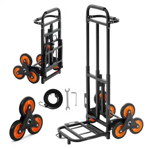 VEVOR Opvouwbare trapklimwagen, 100 kg draagvermogen, trapklimmer met telescopische handgreep, 6 wielen en 2 spanbanden, transportkar, trapklimwagen, stapelbare handkar voor huishoudelijk gebruik, boodschappen en opslag