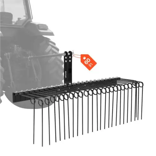VEVOR gazonmaaierhark 150 cm, gazoneg met 26 veertanden, gazonbeluchter voor tractoren categorie 1, verticuteermachine met driepuntsophanging, tractoropzetstuk voor bladeren en dennennaalden