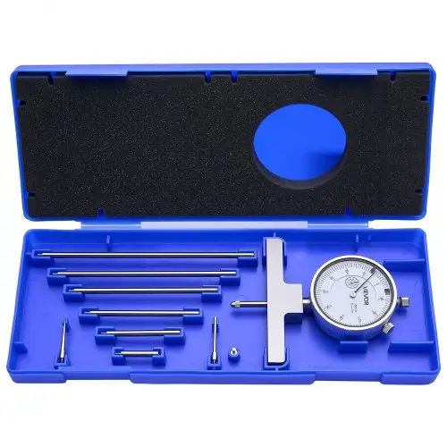 VEVOR dieptemeter, schuifmaat met een meetbereik van 0–22 inch, een resolutie van 0,001 inch, met 4 meetvlakken en 6 standaard meetstaven. Gemakkelijk afleesbaar mechanisch meetinstrument voor groeven, treden en boringen.