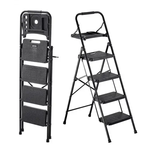 VEVOR 4-treden opvouwbare ladder met gereedschapsbak en comfortabele handgreep, huishoudladder, draagvermogen tot 272 kg, trapladder, opvouwbare kruk, veiligheidsladder voor keuken, huis en kantoor, zwart