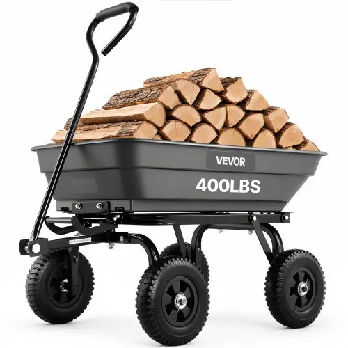 VEVOR tuinkar met kantelfunctie, 181 kg draagvermogen, 270° draaibare transportkar voor tuinieren, gemaakt van kunststof en staal met 8 inch kunststof banden, kantelkar voor gazon, grind en modder.