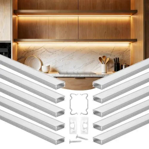 VEVOR LED-profiel 10-pack 2 m, geanodiseerde aluminium profielen met melkwitte afdekking, eindkappen en montageclips, kanalen, diffuser voor LED-strips, ideaal voor onderkastwerkbladen, U-vormig