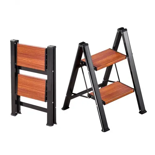 VEVOR 2-treden opvouwbare ladder met antislip treden in houtlook, huishoudladder met een draagvermogen van 150 kg, aluminium veiligheidsladder, trapladder voor klussen en schoonmaakwerkzaamheden.