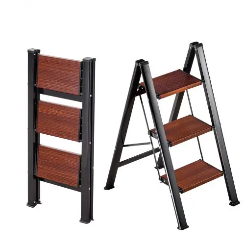 VEVOR 3-treden opvouwbare ladder met antislip treden in houtlook, huishoudladder met een draagvermogen van 150 kg, aluminium veiligheidsladder voor klussen en schoonmaakwerkzaamheden.