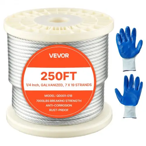 VEVOR staalkabel φ6,35 mm, 76,2 m lengte, gegalvaniseerde koolstofstalen kabel, breeksterkte 31,1 kN, 7x19 strengen, railingkabel voor terrasleuningen, tuinhekken, incl. handschoenen