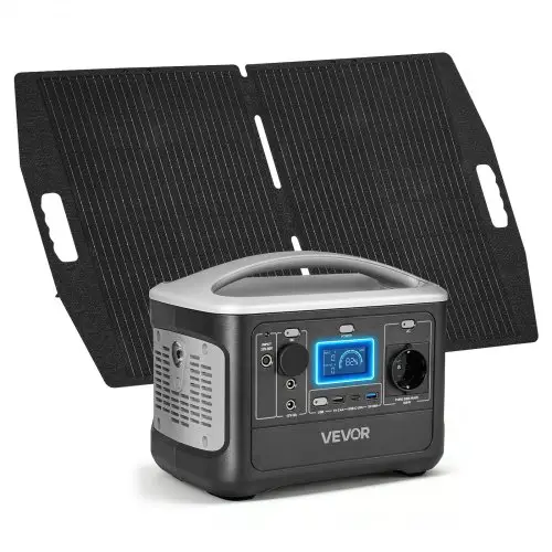 VEVOR draagbaar stroomstation met 100W zonnepaneel, 600W zonnegenerator, 493Wh LiFePO4-accu als back-up en 7 uitgangen, noodstroomgenerator, ideaal voor noodgevallen thuis, kamperen en camperreizen.