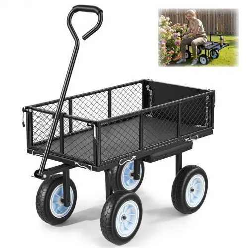 VEVOR Handkar, 226,8 kg draagvermogen, tuinkar met zitje en PU-wielen, transportkar met gereedschapsbak en verstelbare handgreep, gereedschapskar voor gazon, terras en tuin, zwart