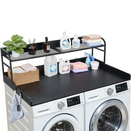 VEVOR Werkblad voor wasmachine en droger (137 x 69,9 cm) met haken en plank, voor organisatie en opbergruimte in linnenkast, voorraadkast of keukenblad, draagvermogen tot 113 kg, zwart