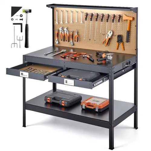 VEVOR Werkbank met geperforeerd paneel, werktafel met een draagvermogen van 110 kg, inclusief 2 planken, 2 lades, ledverlichting en geïntegreerde stekkerdoos met USB-aansluiting, multifunctionele tafel met gereedschapswand voor doe-het-zelfprojecten.