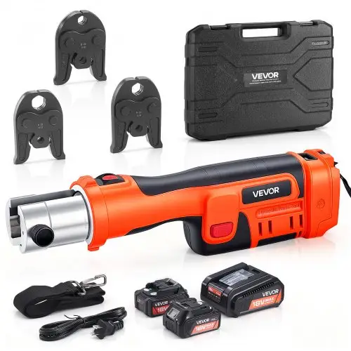 VEVOR 18V Draadloze Krimptang Set, 32kN Krimptang incl. 3 Krimptangen M15 M22 M28 & 180° Draaibare Kop, Elektrische Krimptang met 4,0 Ah Accu's voor Roestvrijstalen Buisjes tot 54 mm, 40 HRC voor Hoge Prestaties