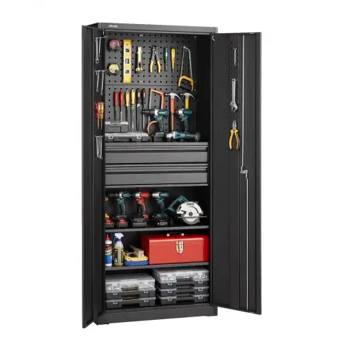 VEVOR metalen opbergkast, garagekast met 2 deuren, 2 lades, 2 verstelbare planken en gereedschapsbord, 1,8 m hoge kast, 81,5 kg draagvermogen, multifunctionele kast voor garage, kantoor, werkplaats, zwart