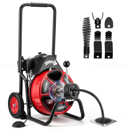 VEVOR pijpreinigingsmachine met automatische invoer, 30 m x 9,5 mm pijpreinigingsspiraal met rollen, elektrische afvoerreiniger voor leidingen van 5-10 cm, pijpreinigingsapparaat voor afvoeren, toiletten en wastafels.