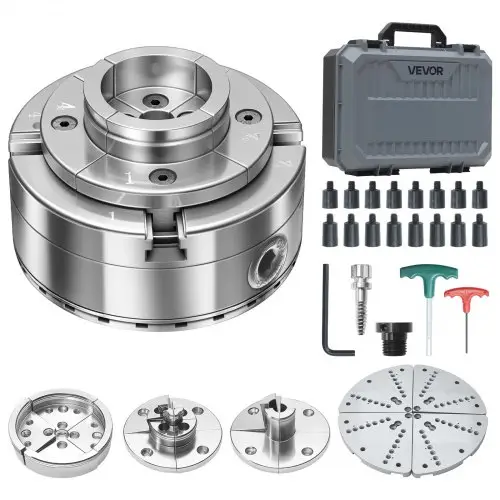 VEVOR 4-inch draaibankspantang (4 klauwen) met 1-inch x 8TPI schroefdraad en adapter, 5-delige spantangset (rond/plat/getrapt/pen), vernikkelde afwerking, inclusief draagtas voor houtdraaibanken.