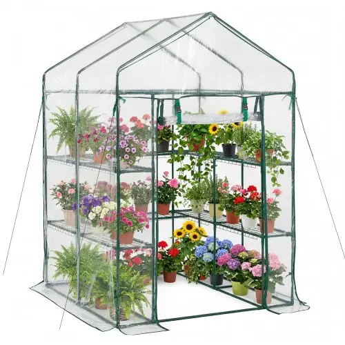VEVOR Kas 137x137x196 cm, Foliekas, Tomatenkas, Tomatenkas met PVC-hoes, 2 verdiepingen, 10 schappen, Roldeur met ritssluiting, Buitenkas