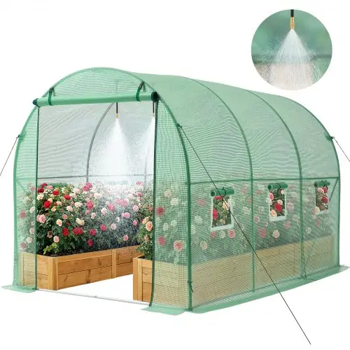 VEVOR Kas 2,93x1,97x1,94 m, Foliekas, Polytunnel met irrigatiesysteem, Stalen frame, PE-hoes, Roldeur met ritssluiting & 6 ramen, Buitenkas