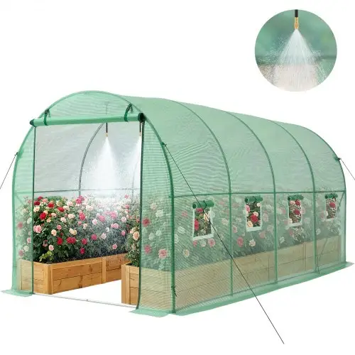 VEVOR Kas 4,48x1,97x1,97 m, Foliekas, Polytunnel met irrigatiesysteem, Stalen frame, PE-hoes, Roldeur met ritssluiting & 8 ramen, Buitenkas