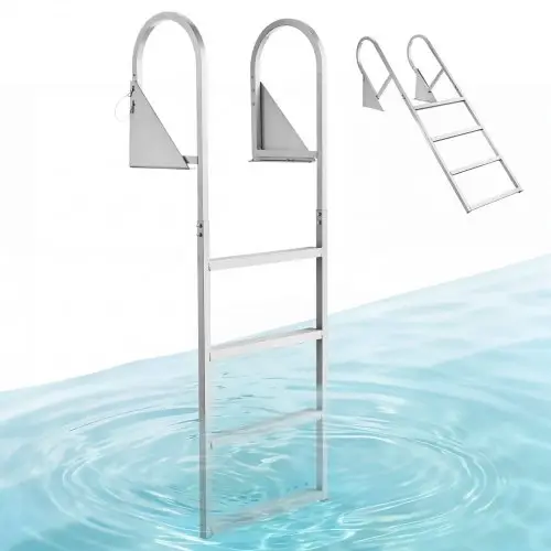 VEVOR Opvouwbare aanlegsteigerladder, bootladder met 4 antislip treden, brede pedalen en leuning, zwembadladder met een draagvermogen van 159 kg, gemaakt van aluminiumlegering, toegangsladder voor steigers, zwembaden, meren en boten, zilverkleurig