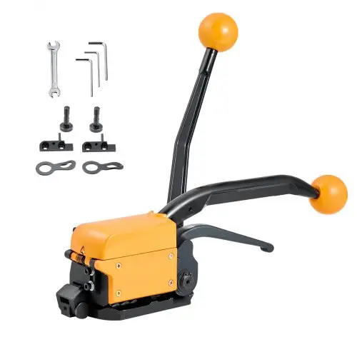 VEVOR stalen omsnoeringsmachine voor max. 19 mm breedte, 4-in-1 metalen omsnoeringsmachine voor spannen, krimpen, snijden en sealen, handmatige stalen omsnoeringsmachine voor verpakken en transport