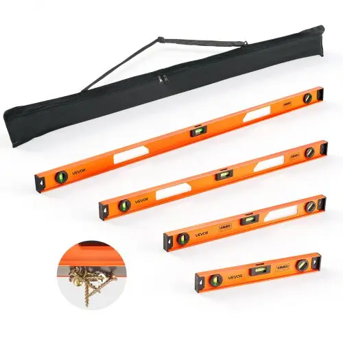 VEVOR 4-delige waterpasset, 40/60/90/120 cm schaalverdeling met 3 libellen, 90°/45°/0° & 0,5 mm/m nauwkeurigheid, metselwaterpas met ophanggat, schokbestendig meetinstrument voor bouwplaatsen en huisrenovaties.