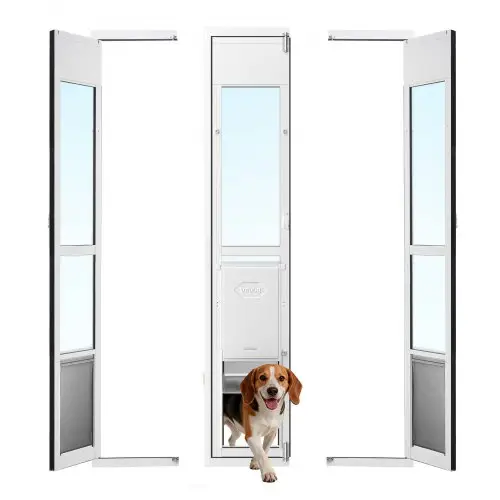 VEVOR hondenluik voor glazen schuifdeur, in hoogte verstelbaar van 1927 tot 2049 mm, frame van aluminiumlegering met klep, afsluitbaar, voor grote honden, 180° draaibaar hondenluik, L
