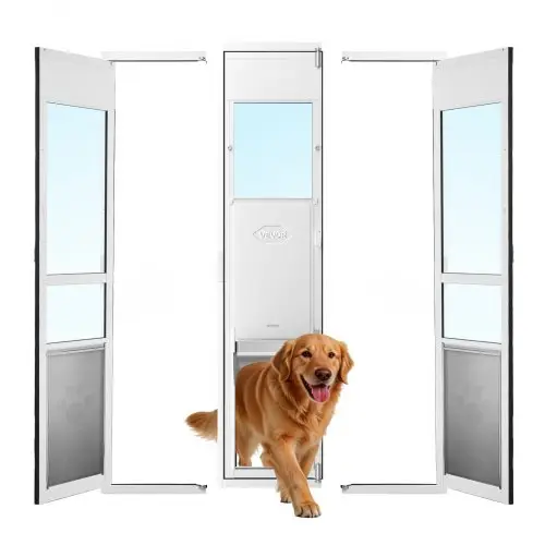 VEVOR hondenluik voor glazen schuifdeur, in hoogte verstelbaar van 1927 tot 2049 mm, frame van aluminiumlegering met klep en slot, voor extra grote honden, 180° draaibaar hondenluik, XL