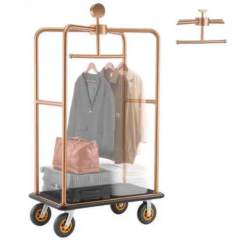 VEVOR roestvrijstalen hotelbagagewagen, 544,31 kg zware bagagewagen met 20 cm rubberen wielen, hoteltrolley met zwarte tapijt- en kledingstang, bagagewagen voor hotels en resorts, roségoud