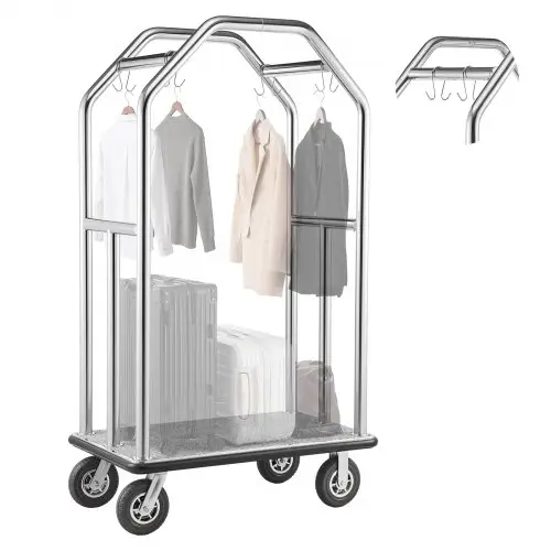 VEVOR roestvrijstalen hotelbagagewagen, 680,39 kg zware bagagewagen met 20 cm rubberen wielen, hoteltrolley met grijze tapijt- en kledingstang, commerciële bagagewagen voor hotels en resorts, zilverkleurig