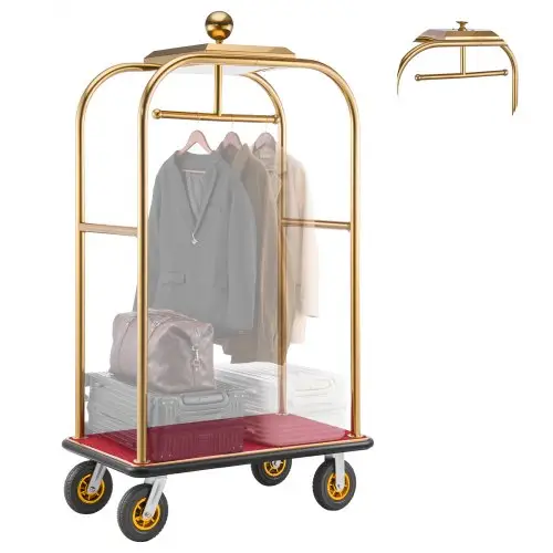 VEVOR roestvrijstalen hotelbagagewagen, 544,31 kg zware bagagewagen met 8-inch rubberen wielen, hoteltrolley met rode loper en kledingstang, commerciële bagagewagen voor hotels en resorts, goudkleurig