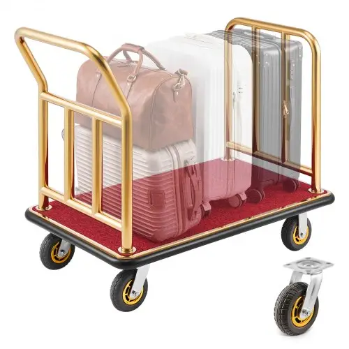 VEVOR roestvrijstalen hotelbagagetrolley, 340,19 kg zware bagagetrolley met 15 cm rubberen wielen, hoteltrolley met rode loper, commerciële platformtrolley voor hotels, vakantieappartementen en resorts, goudkleurig