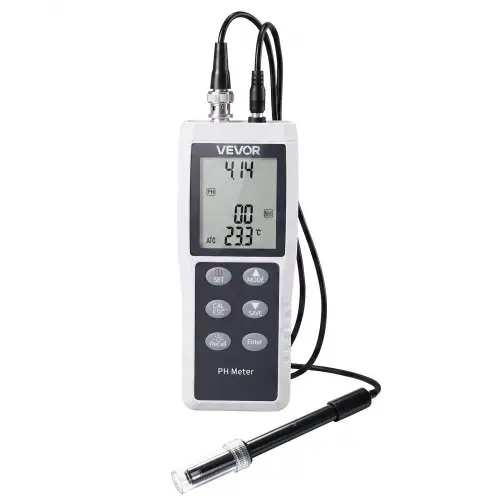 VEVOR pH-meter, meetbereik 0–14, waterdichte sonde (IP68), automatische 3-puntskalibratie, draagbare testerset met kalibratiepoeder, temperatuursonde en draagtas, voor drinkwater en hydrocultuur.