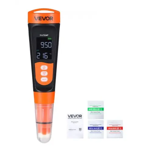 VEVOR pH-meter, meetbereik 0–14, waterdichte sonde (IP68), pH-meterset met kalibratiepoeder, roestvrijstalen display, tester voor drinkwater, hydrocultuur en aquariumwater.