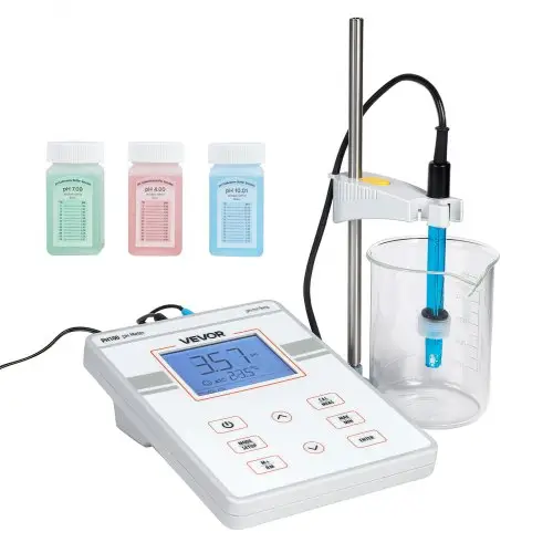 VEVOR tafelmodel pH-meter, meetbereik pH 0–14, laboratoriumtesterset met achtergrondverlichting, kalibratievloeistoffen, voeding, geheugen voor maximaal 50 metingen, voor temperatuur- en waterkwaliteitsmetingen.