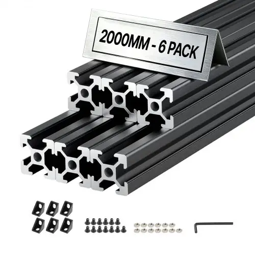 VEVOR 2020 Aluminiumprofielen, 6 stuks, 2 m, Geanodiseerde T-sleuf aluminiumprofielen volgens EU-norm, Zeer sterk geëxtrudeerd profiel, Aluminium rail voor 3D-geprinte onderdelen, CNC-werkbanken en -montage, Zwart