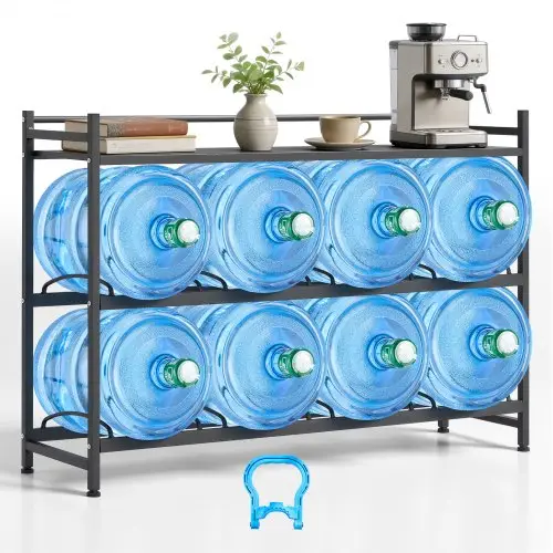 VEVOR 3-laags waterkanhouder, 4 rijen, voor 8 flessen, waterkanrek met opbergvak, waterdispenserrek, waterflessenrek, watercontainerrek voor keuken, kantoor en woonkamer, zwart