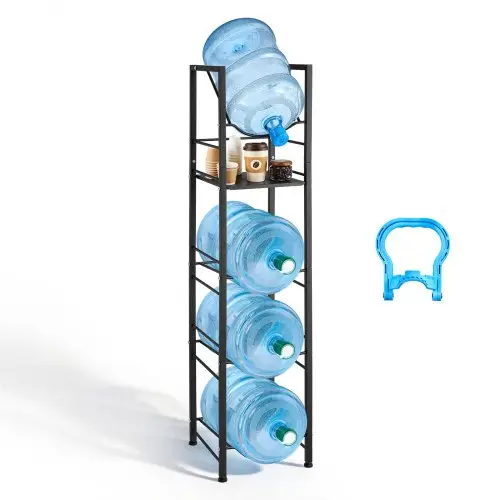 VEVOR Waterkanhouder, 5 lagen, voor 4 waterflessen, waterkanrek met opbergvak, waterdispenserrek, waterflessenrek, watercontainerrek voor keuken, kantoor en woonkamer, zwart