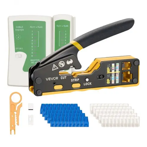 VEVOR netwerkgereedschapset, RJ45/RJ11/RJ12 Ethernet-krimptangset voor 4/6/8-pins modulaire connectoren, met mini-draadstripper, 50 connectoren en 50 sleeves, vervangende mesjes en netwerkkabeltester.
