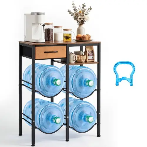 VEVOR Waterkanhouder, 4 lagen, dubbele rijen, voor 4 flessen, waterkanrek met opbergvak en lade, waterdispenserrek, waterflessenrek, watercontainerrek voor keuken en woonkamer