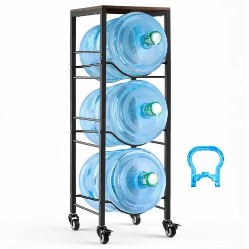 VEVOR Waterkanhouder, 4 lagen, voor 3 waterflessen, waterkanrek met opbergvak en wielen, waterdispenserrek, watercontainerrek voor keuken, kantoor en woonkamer, zwart en bruin