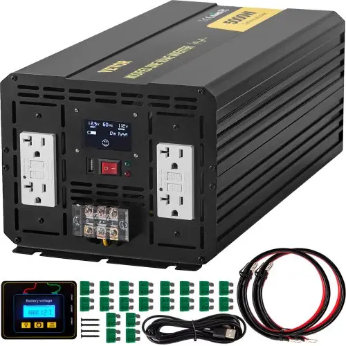 VEVOR 5000W gemodificeerde sinusgolfomvormer, 12V DC naar 110V AC voertuigadapter, met LCD, afstandsbediening, LED-verlichting en aardlekschakelaar voor campers, vrachtwagens, boten en buitenavonturen