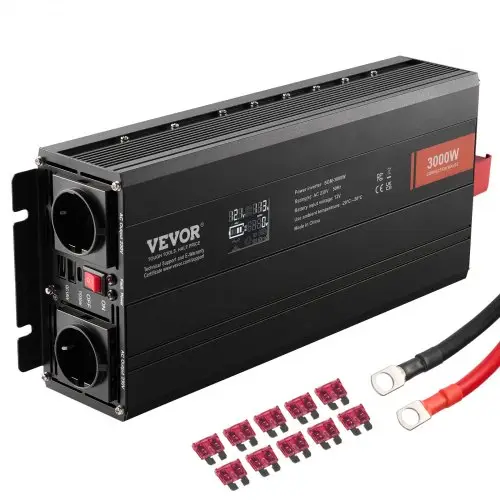 VEVOR Pure Sinusomvormer 3000W DC 12V AC 230V LCD-schermomvormer met 3 stopcontacten, 2 USB-poorten, 1 Type-C-poort, 10 reservezekeringen voor grote huishoudelijke apparaten