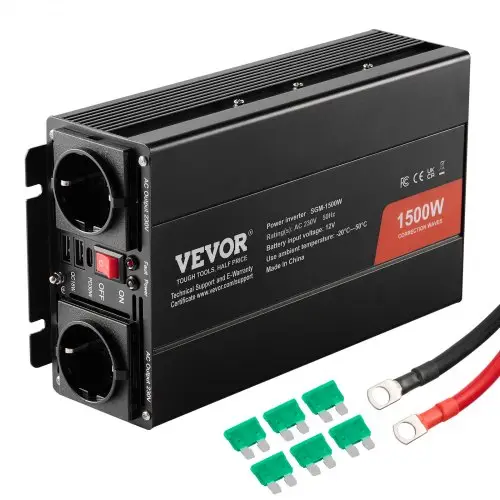 VEVOR gemodificeerde sinusomvormer, 1500 W DC 12 V AC 230 V omvormer met 2 stopcontacten, 2 USB-poorten, 1 Type-C-poort, 6 reservezekeringen voor smartphones en laptops
