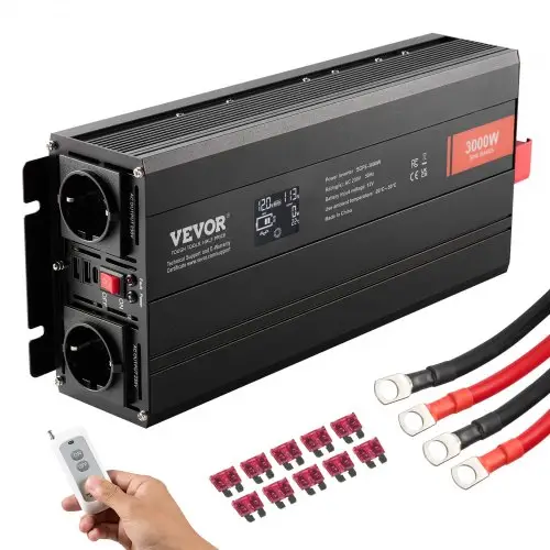 VEVOR 3000W zuivere sinusomvormer DC 12V naar AC 230V spanningsomvormer met 2 stopcontacten, 2 USB-poorten, 1 Type-C-poort, LCD-scherm en afstandsbediening voor grote huishoudelijke apparaten