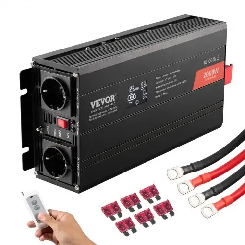 VEVOR 2000W zuivere sinusomvormer van 12 V naar 230 V wisselstroom met 2 stopcontacten, 2 USB-poorten, 1 type-C-poort, lcd-scherm en afstandsbediening voor middelgrote huishoudelijke apparaten