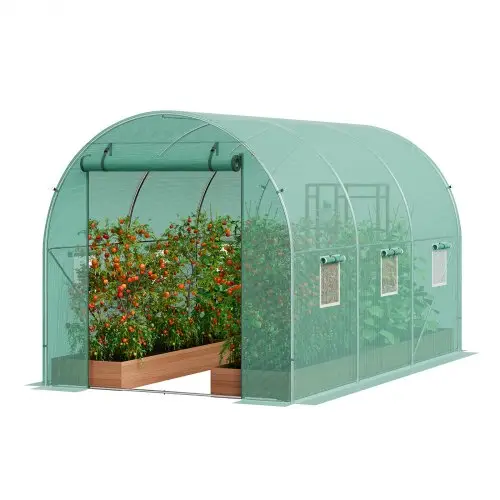 VEVOR Walk-In Tunnelkas, 3,4 x 1,9 x 1,9 m, kunststof tunnelkas, plantenkas met gegalvaniseerd stalen frame, groene PE-afdekking, oprolbare ritssluiting en 6 ramen voor buitengebruik