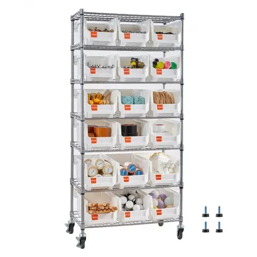 VEVOR vrijstaande opbergkast, opbergrek met 7 niveaus en 18 stapelbare dozen, boekenplank, keukenrek op wielen, gereedschapskast voor garage, magazijn, kantoor, restaurant, klaslokaal, keuken, 690x355x1490 mm