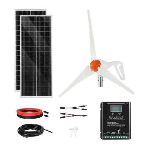 VEVOR 12V 400W hybride zonne-windenergiekit, inclusief 2 x 100W mono zonnepanelen en 200W windturbine met MPPT hybride laadregelaar voor wind- en zonne-energie, off-grid energie voor thuisgebruik, campers, boten, caravans en recreatievoertuigen.