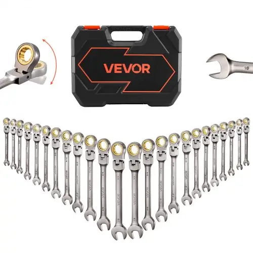 VEVOR 24-delige ratelsleutelset met flexibele kop, metrisch SAE 72 tanden, ratelringsleutels van Cr-V-staal met opbergkoffer, open ratelringsleutels voor autoreparaties, grijs nikkel