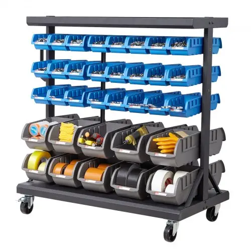 VEVOR Mobiel Opbergrek met Stapelbare Dozen, Mobiel Opbergrek met 5 Niveaus en 68 Assortiment Dozen voor Kleine Onderdelen in Twee Maten, 900x500x950 mm, Dubbelzijdig, voor Werkplaats, Garage, Magazijn en Kantoor